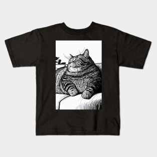 Fat Cat Lounging on the Couch, Black and White Kids T-Shirt